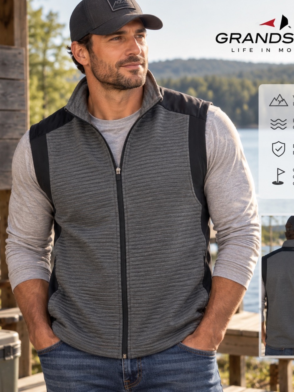 GrandSlam Men’s Gray Black Full Zip Performance Golf Vest Ribbed Athletic Layer